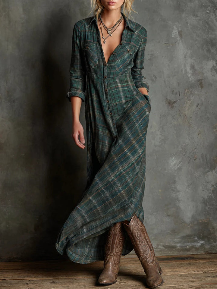 Klara | Damen Karo Kleid mit langen Ärmeln, Knöpfen und Taschen