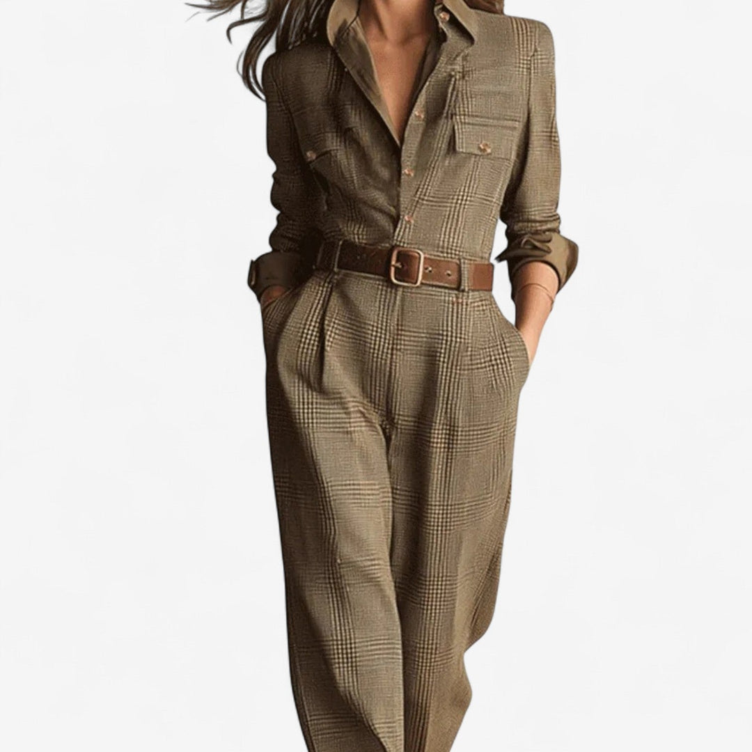 Vanessa Maßgeschneiderter Jumpsuit für Damen mit Karomuster und 3/4-Ärmeln