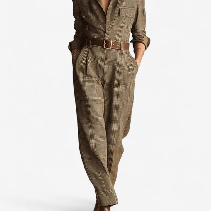 Vanessa Maßgeschneiderter Jumpsuit für Damen mit Karomuster und 3/4-Ärmeln