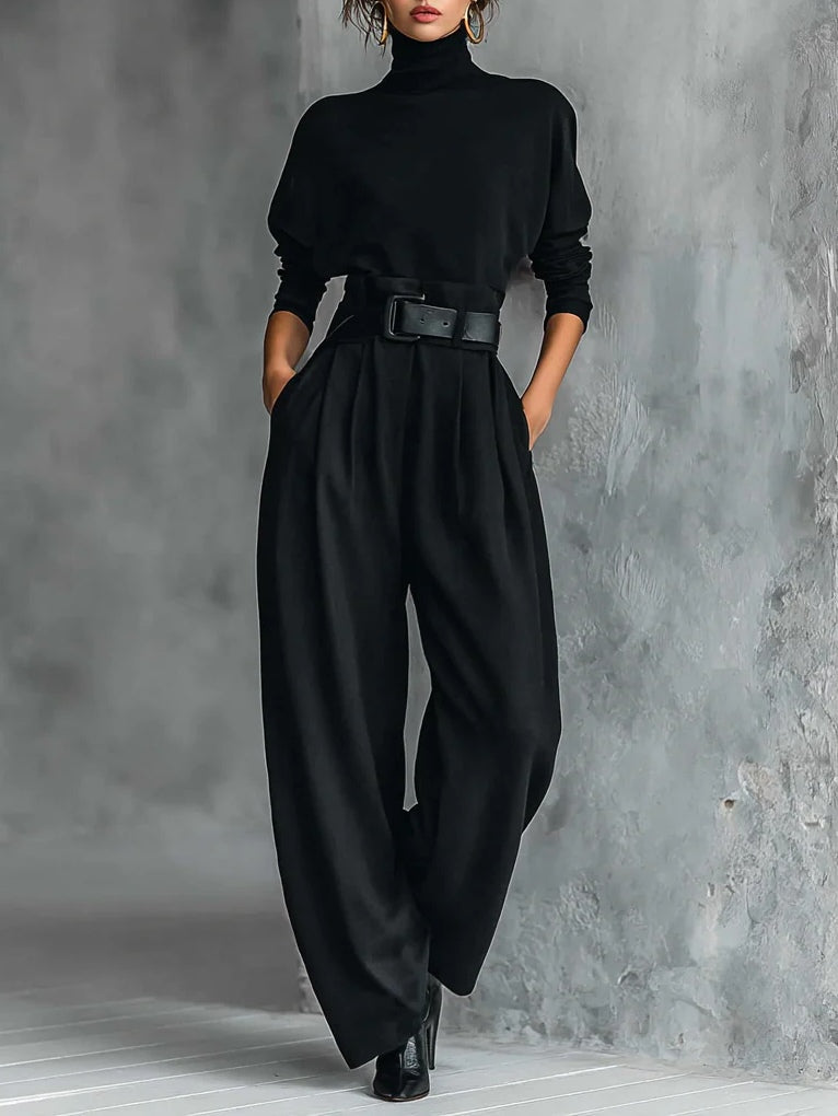 Schwarzes Rollkragenoberteil für Damen mit langen Ärmeln und gerade geschnittene Hose mit Gürtel