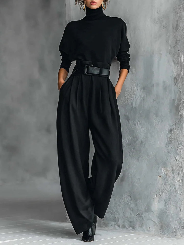 Schwarzes Rollkragenoberteil für Damen mit langen Ärmeln und gerade geschnittene Hose mit Gürtel
