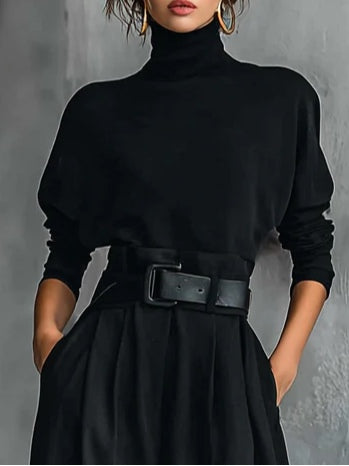 Schwarzes Rollkragenoberteil für Damen mit langen Ärmeln und gerade geschnittene Hose mit Gürtel