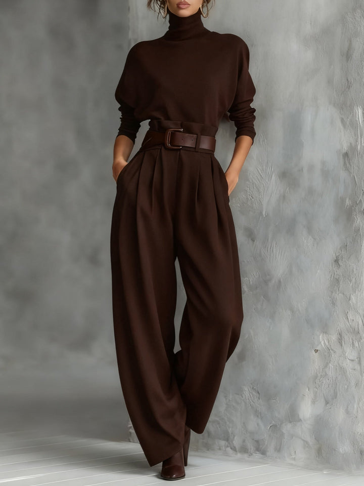 Schwarzes Rollkragenoberteil für Damen mit langen Ärmeln und gerade geschnittene Hose mit Gürtel