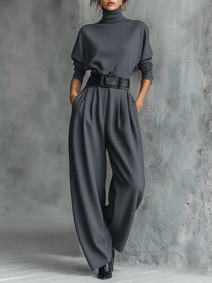 Schwarzes Rollkragenoberteil für Damen mit langen Ärmeln und gerade geschnittene Hose mit Gürtel