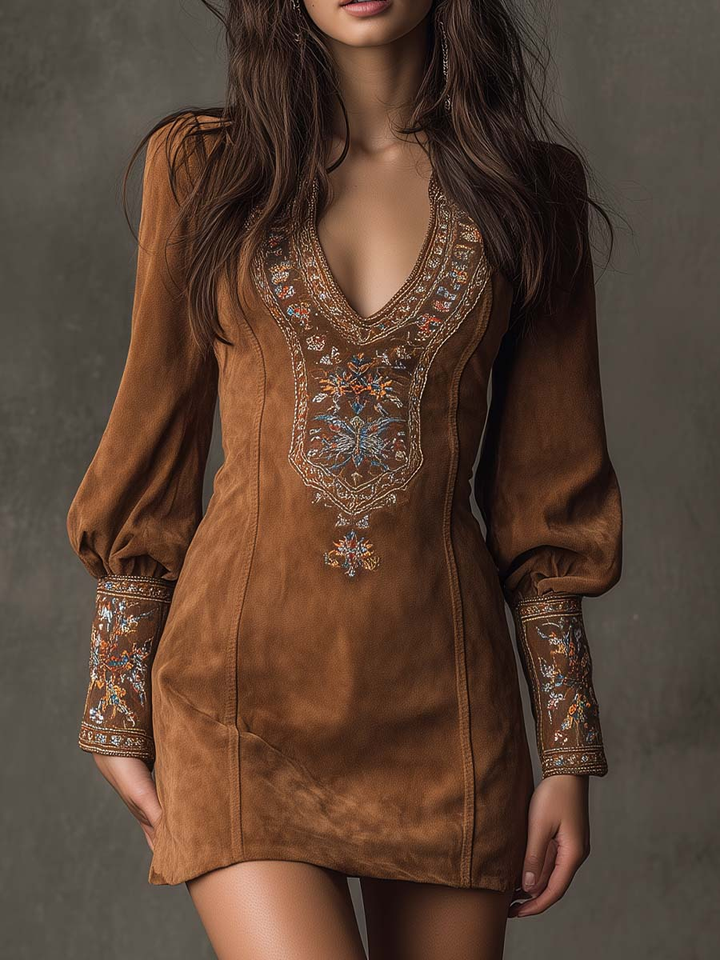 Lunori | Lila besticktes Minikleid für Damen mit Blumenmuster und V-Ausschnitt