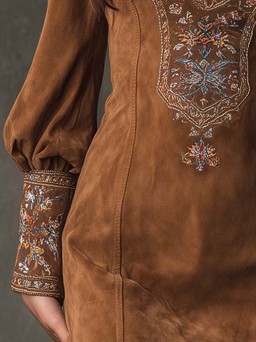 Lunori | Lila besticktes Minikleid für Damen mit Blumenmuster und V-Ausschnitt