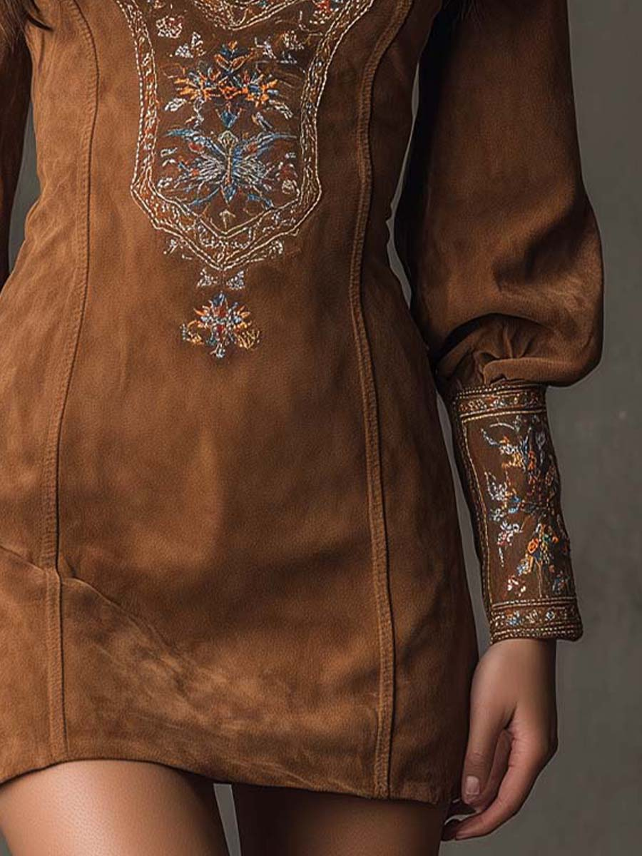 Lunori | Lila besticktes Minikleid für Damen mit Blumenmuster und V-Ausschnitt