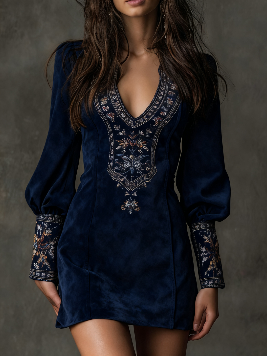 Lunori | Lila besticktes Minikleid für Damen mit Blumenmuster und V-Ausschnitt