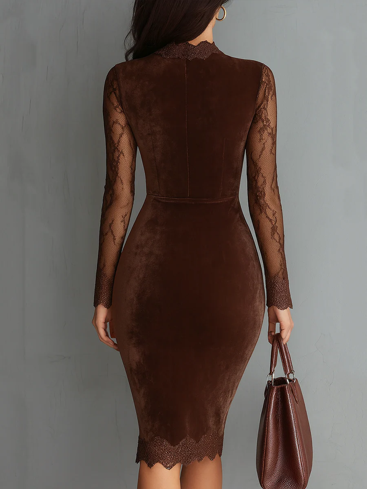 Braunes Vintage-Velours-Minikleid für Damen mit Schlüsselloch-Ausschnitt und ärmeln
