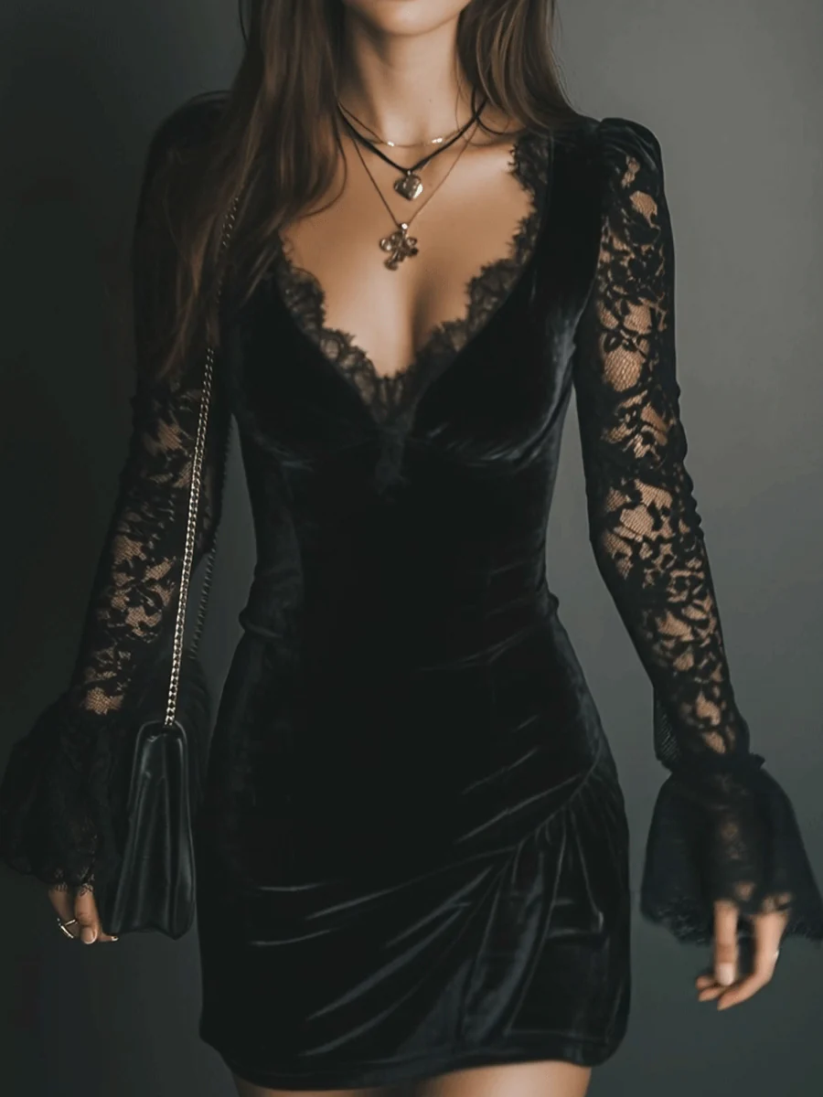 Orinthia | Minikleid für Damen mit besatz, V-Ausschnitt und langen Ärmeln