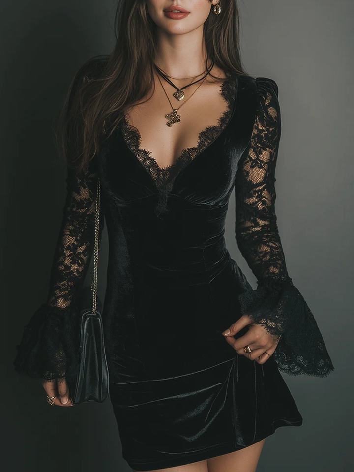 Orinthia | Minikleid für Damen mit besatz, V-Ausschnitt und langen Ärmeln