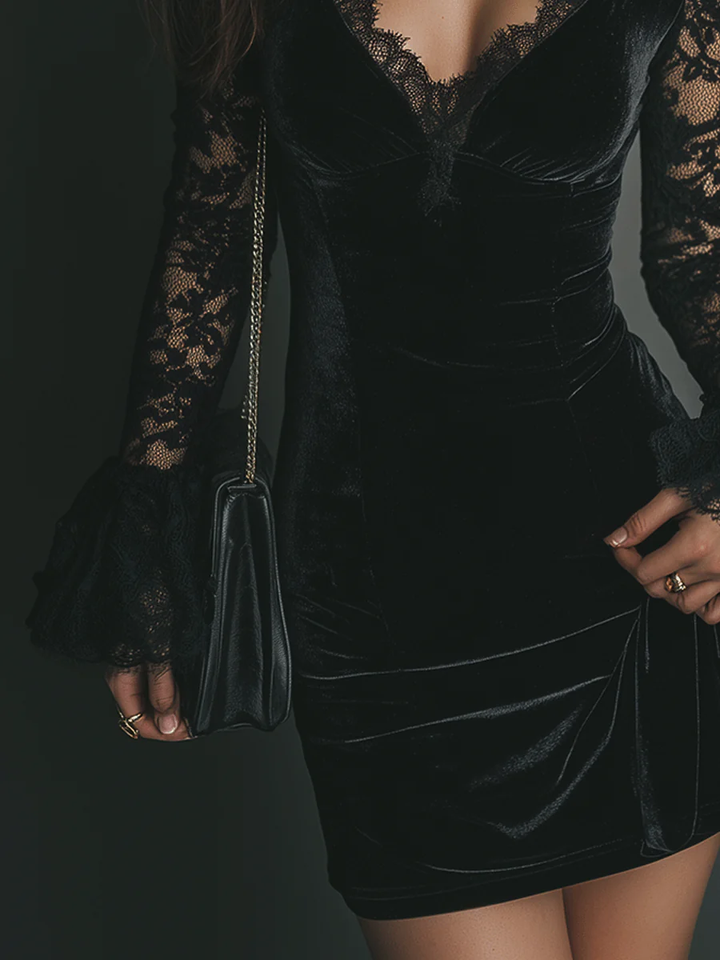 Orinthia | Minikleid für Damen mit besatz, V-Ausschnitt und langen Ärmeln