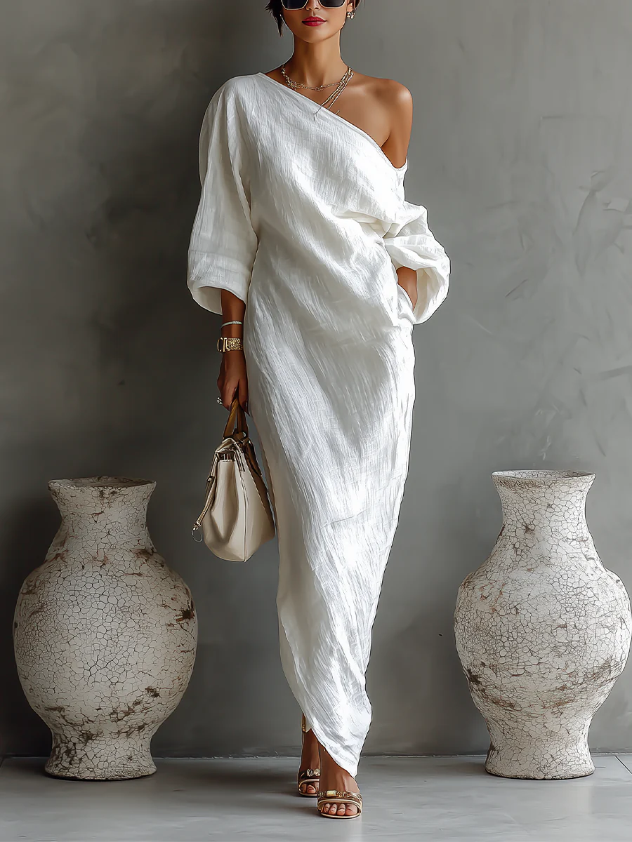 Nelle Chic Maxi-Kleid für Damen mit asymmetrischem Ausschnitt und kurzen Ärmeln
