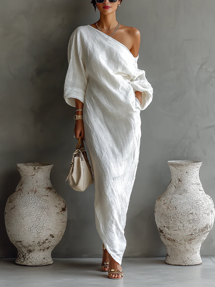Nelle Chic Maxi-Kleid für Damen mit asymmetrischem Ausschnitt und kurzen Ärmeln
