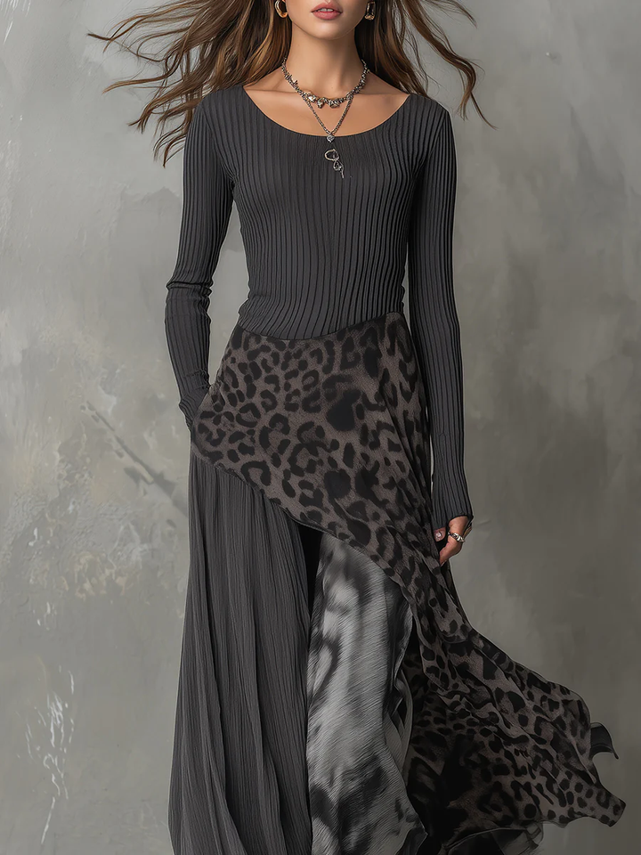 Maxi-Kleid für Damen mit grauen Streifen und Leopardenmuster, unregelmäßiger Saum