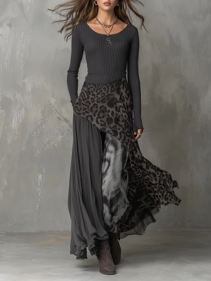 Maxi-Kleid für Damen mit grauen Streifen und Leopardenmuster, unregelmäßiger Saum