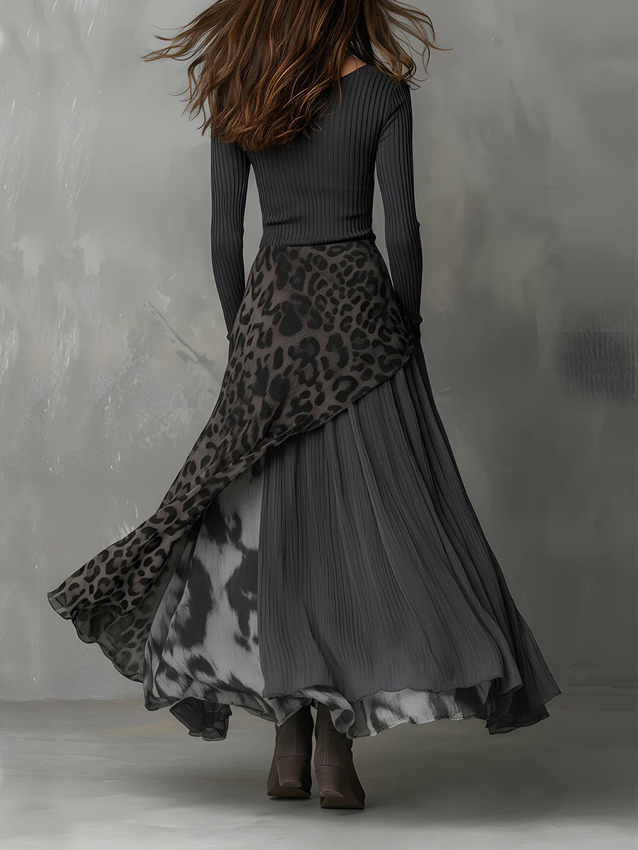 Maxi-Kleid für Damen mit grauen Streifen und Leopardenmuster, unregelmäßiger Saum