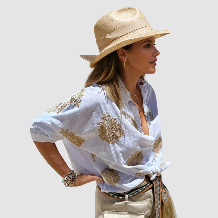 Gaby Elegante atmungsaktive Bluse für Damen mit Punkten und V-Ausschnitt