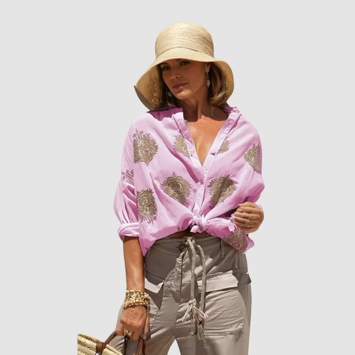 Gaby Elegante atmungsaktive Bluse für Damen mit Punkten und V-Ausschnitt