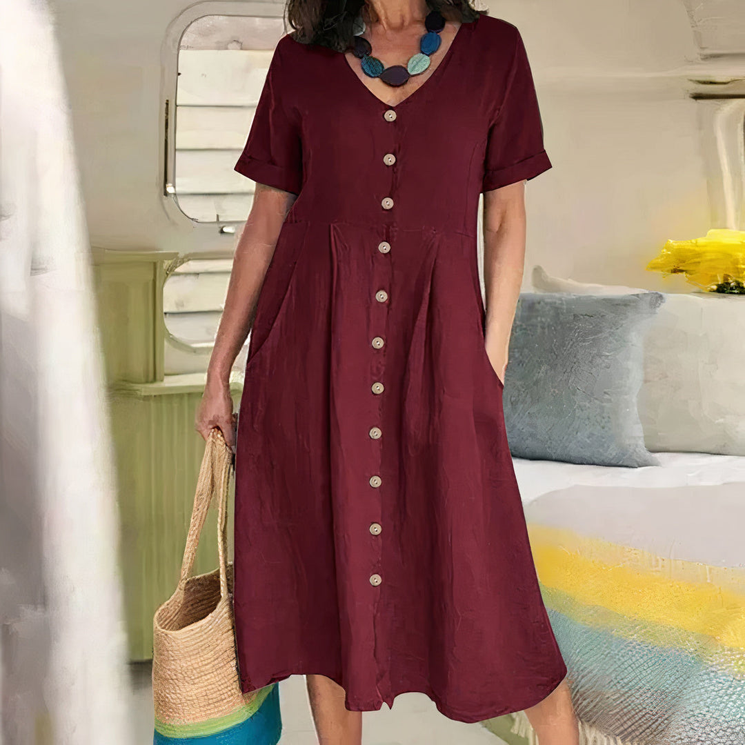 Briar | Müheloses Knopfkleid für Damen mit V-Ausschnitt und kurzen Ärmeln
