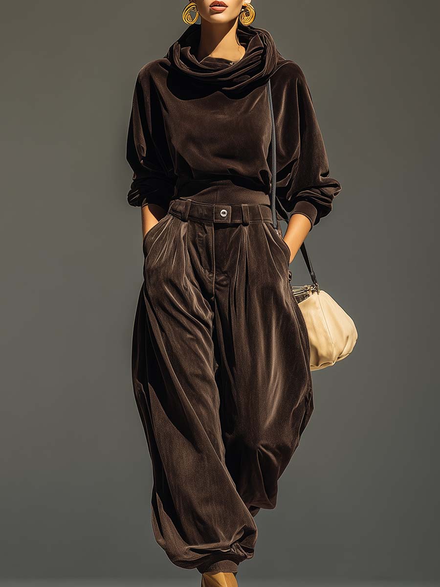 Retro Brauner Hoodie und Entspannte Hose Set (Gürtel Inklusive) für Damen