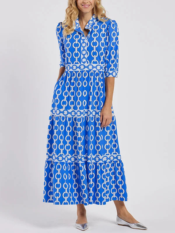 Juliette | Midi-Kleid für Damen mit Kettenmuster, V-Ausschnitt und 3/4-Ärmeln