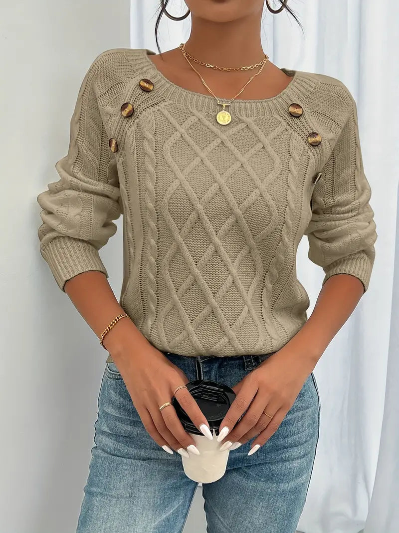 Lina | Langärmeliger Pullover für Damen mit Zopfmuster, Lässiger Pullover mit Rundhalsausschnitt