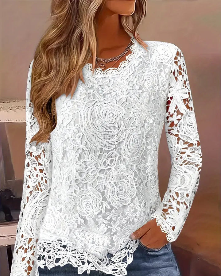 Zeitlose Langarm-Bluse für Damen mit Blumenmuster und Rundhalsausschnitt