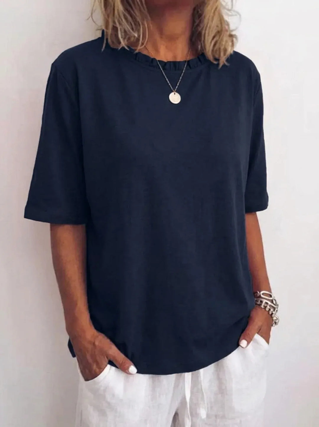 Anna | Bequeme Lockere Bluse für Damen mit Rundhalsausschnitt und kurzen Ärmeln