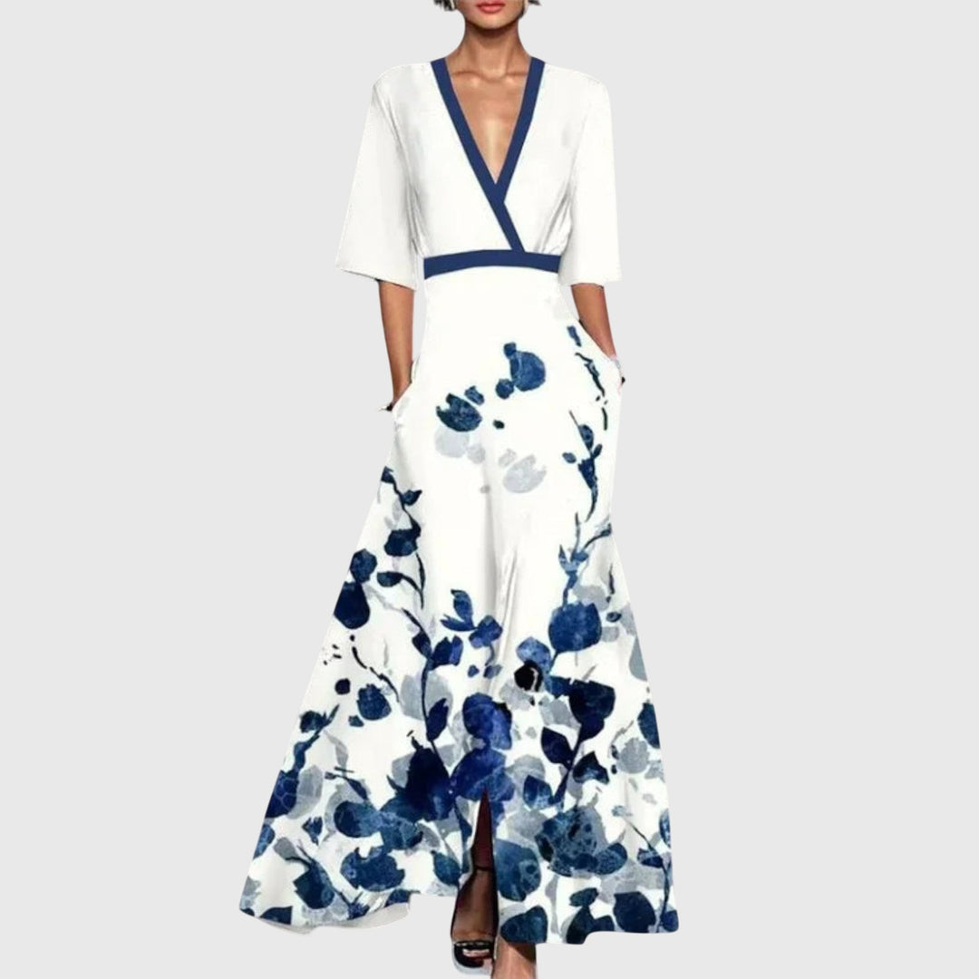 Leila | Elegantes Chic Midikleid für Damen mit Blumenmuster und V-Ausschnitt