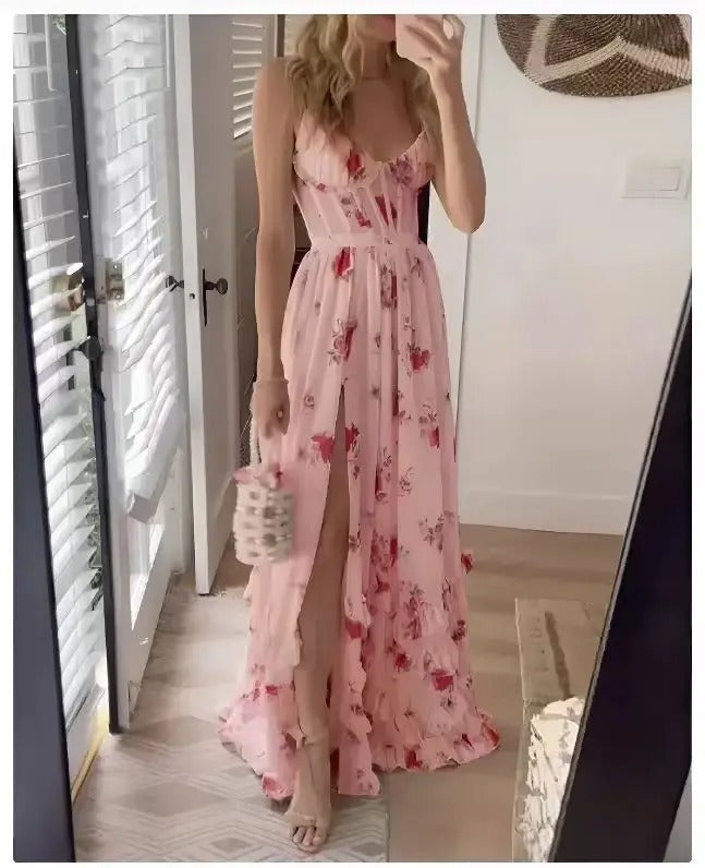 Zaria | Elegantes Blumen-Maxikleid für Damen mit V-Ausschnitt und Spaghettiträgern