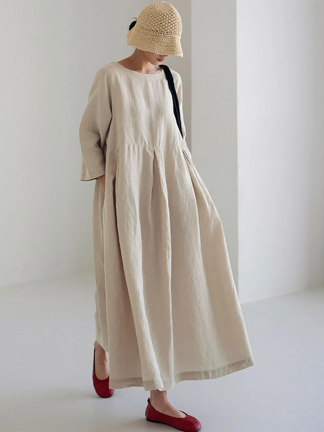 Ella | Lockeres Midikleid für Damen mit Seitentaschen und Rundhalsausschnitt