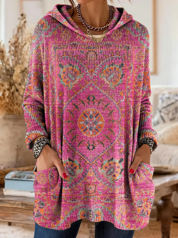 Vintage-inspirierte Kapuzenstrick-Tunika für Damen mit Taschen und ethnischem Druck