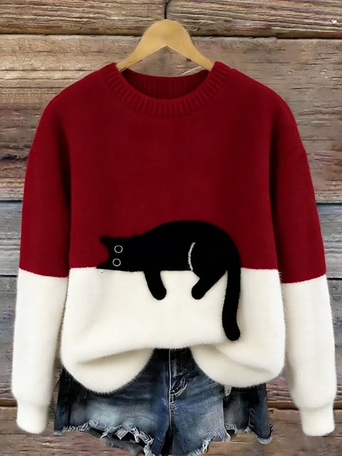 Damen Oversized Pullover mit Katzenmotiv und Farbblockdesign
