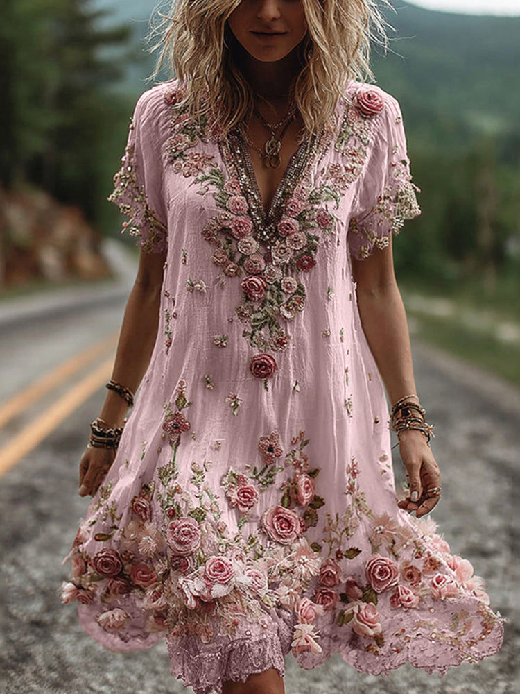 Ruby | Blossom bestickte V-Ausschnitt Midikleid für Damen