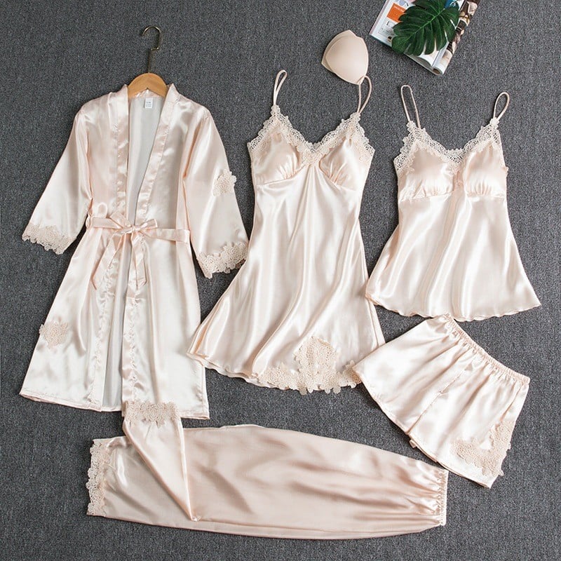 Elegantes Damen-Nachtkleid-Set aus Eis- | 5 Teile mit langen Ärmeln