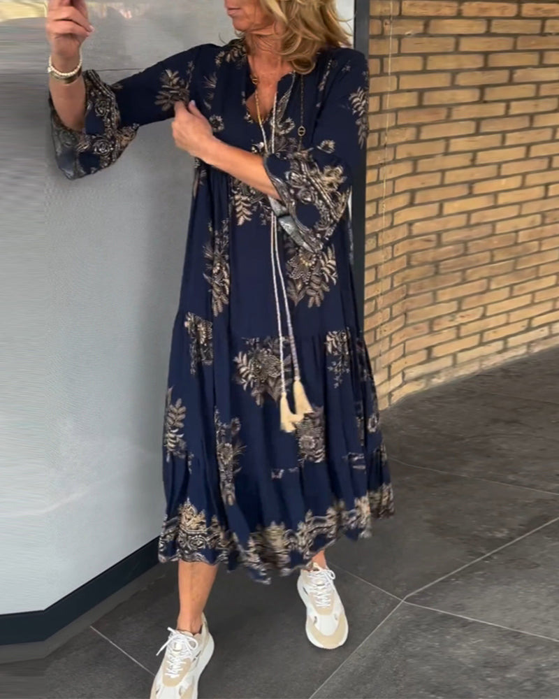 Rose | Vintage Lockerer V-Ausschnitt Midi-Kleid für Damen