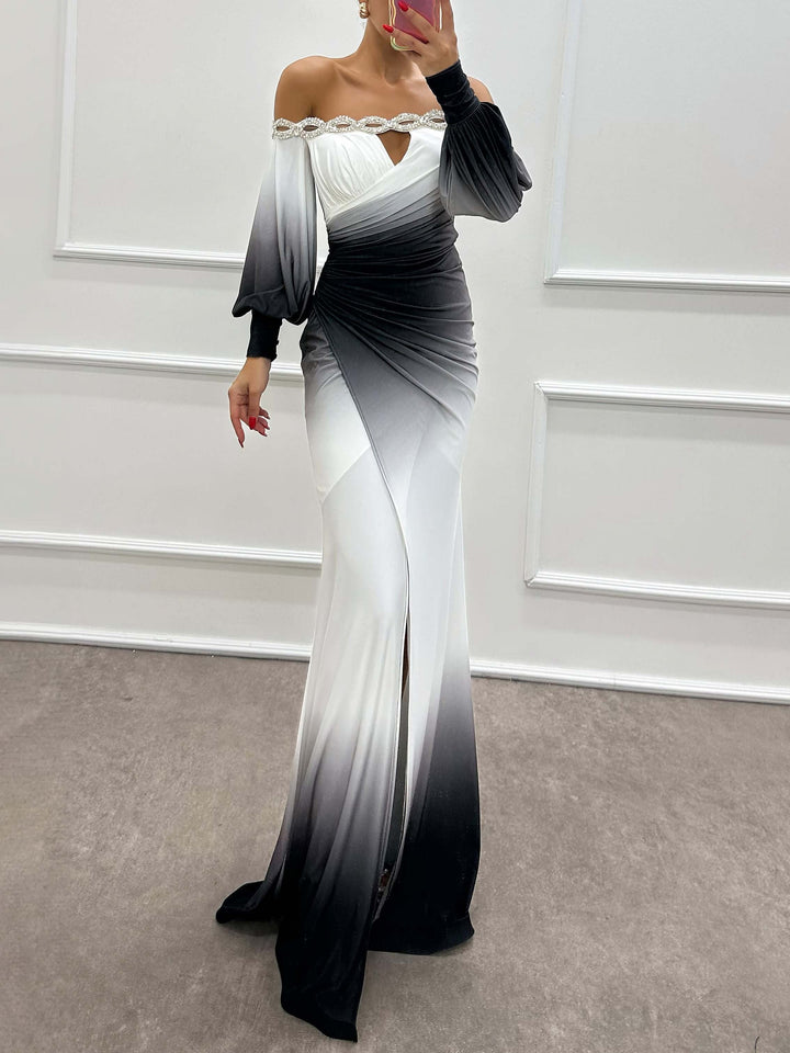 Elysia | Gradient schulterfrei Abendkleid für Damen mit Streifen und langen Ärmeln