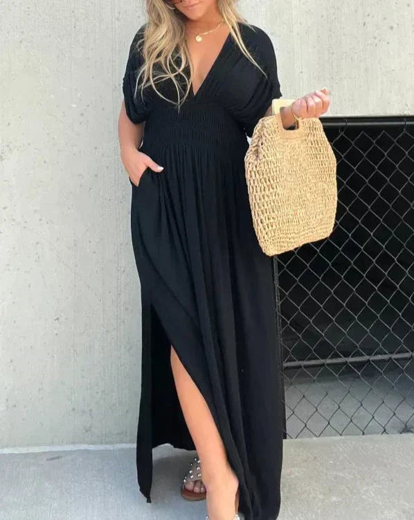 Barbara | Elegantes Maxikleid für Damen mit V-Ausschnitt und kurzen Ärmeln