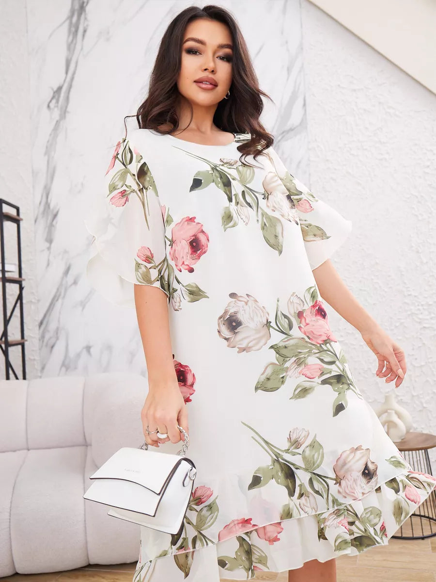 Camila | Elegantes Blumen-Midikleid für Damen mit Rundhalsausschnitt