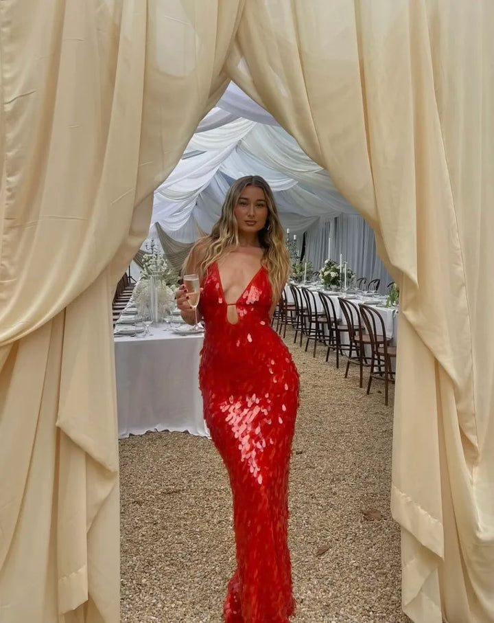 Kalea | Glitzer Pailletten Rückenfreies Trägerkleid für Damen