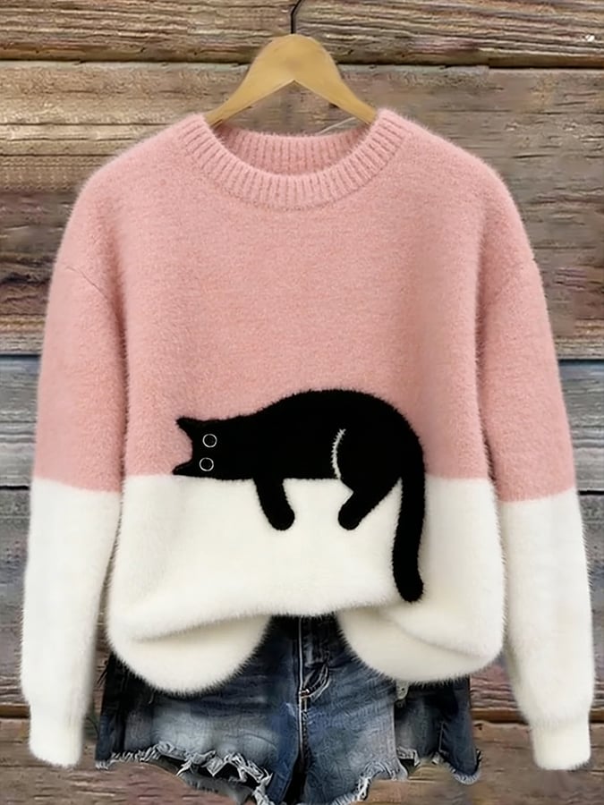 Damen Oversized Pullover mit Katzenmotiv und Farbblockdesign