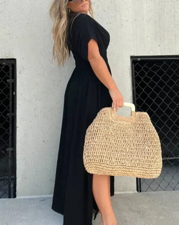 Barbara | Elegantes Maxikleid für Damen mit V-Ausschnitt und kurzen Ärmeln