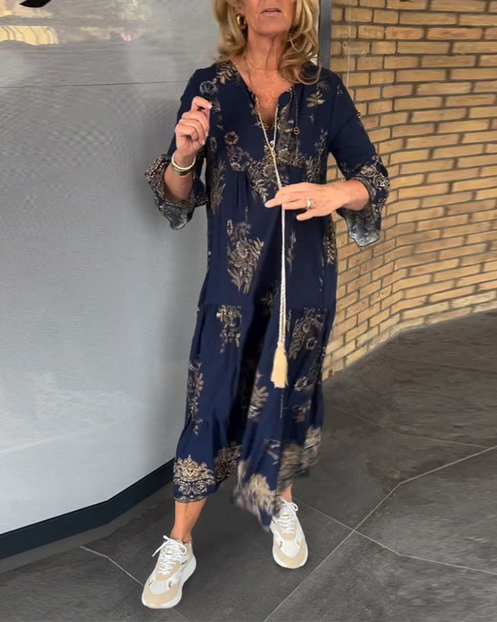 Rose | Vintage Lockerer V-Ausschnitt Midi-Kleid für Damen