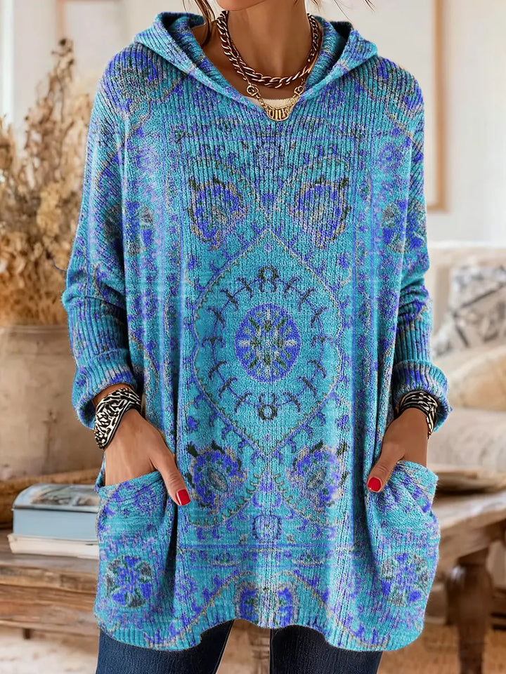 Vintage-inspirierte Kapuzenstrick-Tunika für Damen mit Taschen und ethnischem Druck