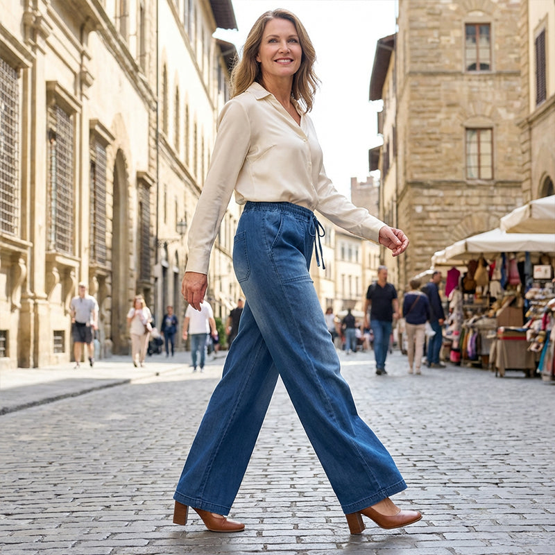 Verstellbare Kordelzug Taille Weite Bein Jeans für Damen