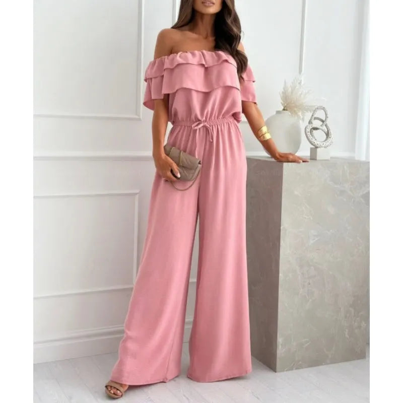 Damen Off-Shoulder Jumpsuit mit weitem Bein, Rüsche und Kordelzug