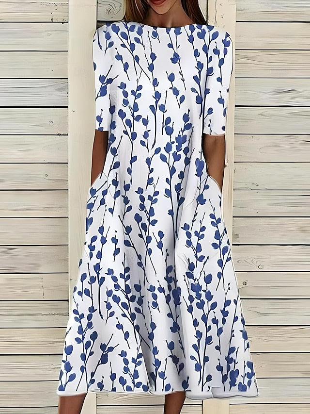Sela | Küstenblumen Midi Kleid für Damen mit Rundhalsausschnitt und kurzen Ärmeln