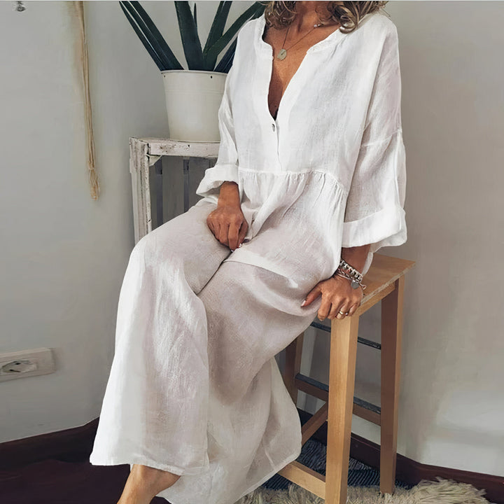 Stylisches Blusen-inspiriertes Maxikleid für Damen mit V-Ausschnitt und 3/4-Ärmeln