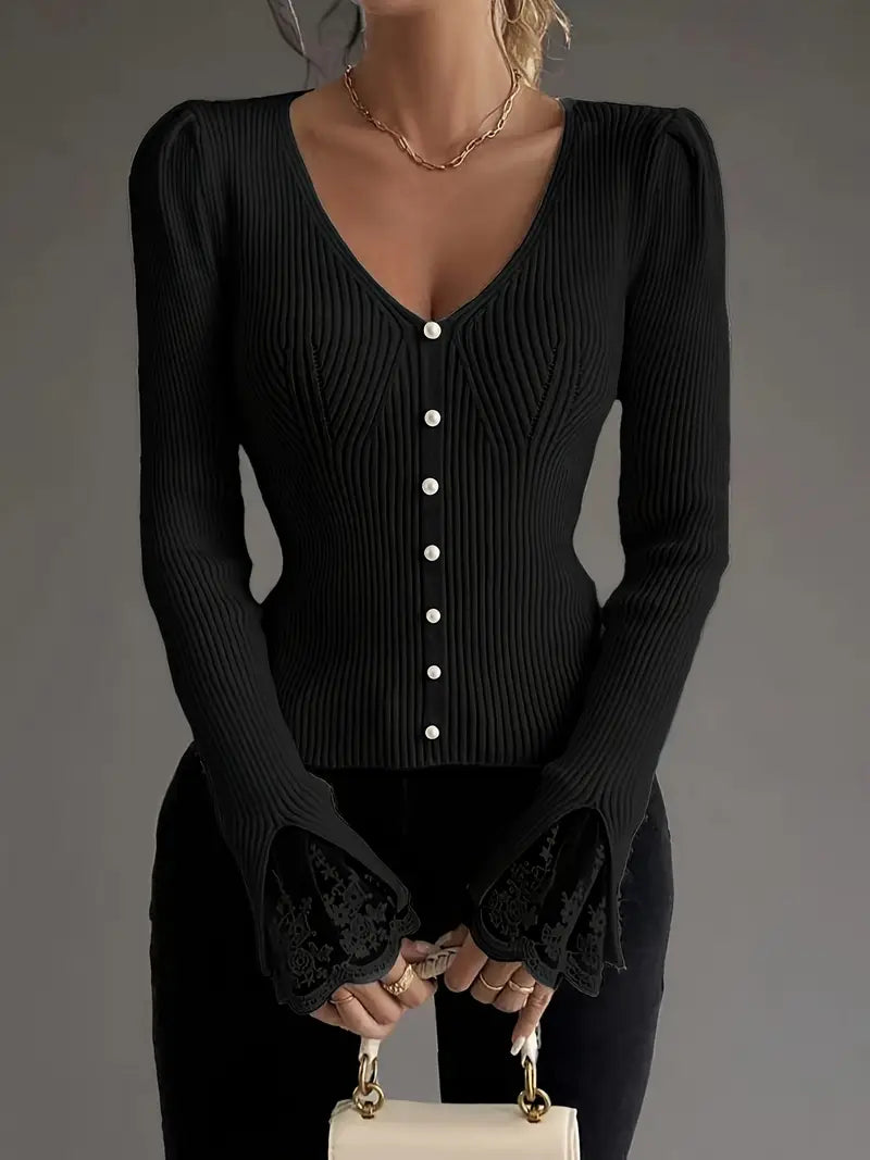 V-Ausschnitt Rippentop Cardigan für Damen mit ärmeln und Blumenmuster
